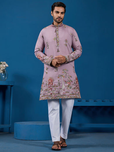 Rich Dusty Pink Thread Embroidered Viscose Festival Wear Men Kurta With Pant