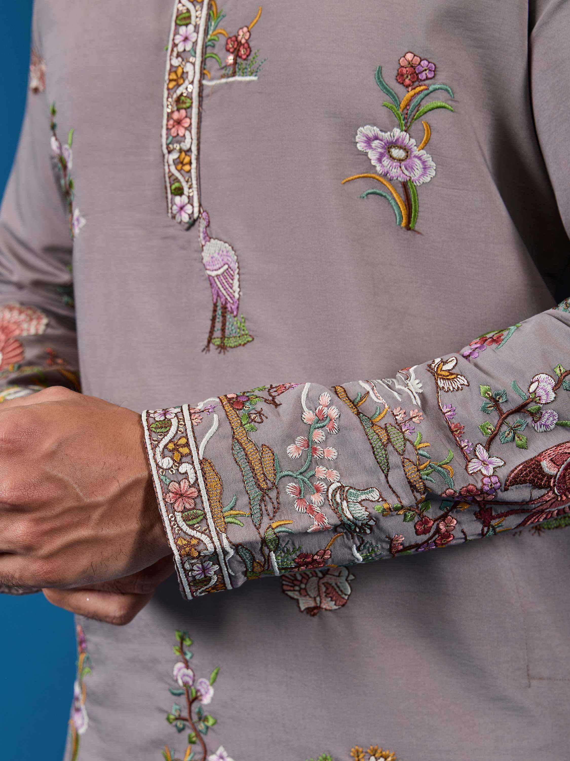 Graceful Grey Thread Work Viscose Silk Traditional Men Kurta