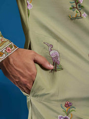 Incredible Pista Green Sequins Viscose Silk Wedding For Men Kurta