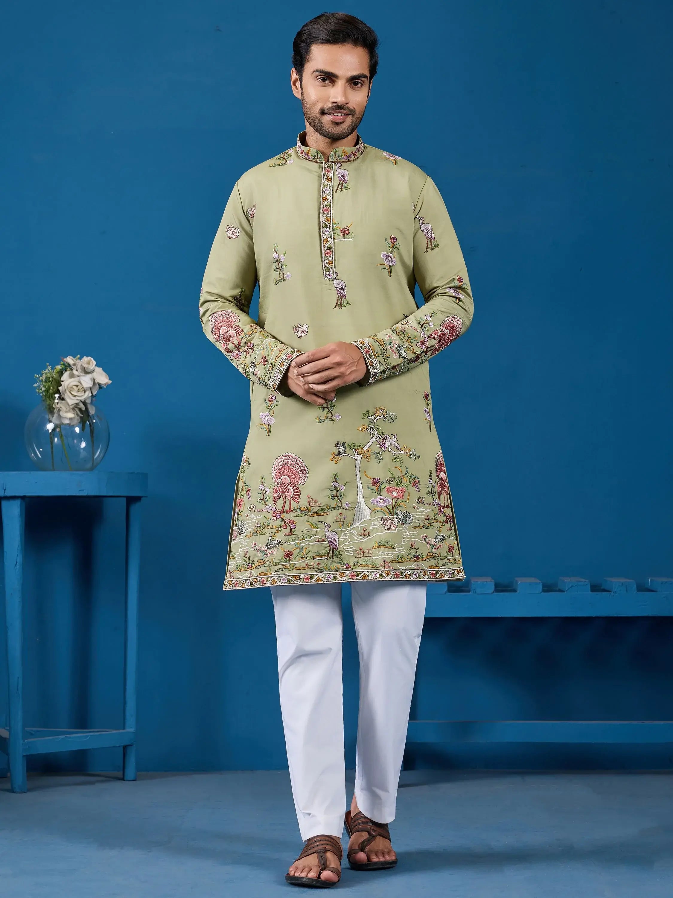 Incredible Pista Green Sequins Viscose Silk Wedding For Men Kurta
