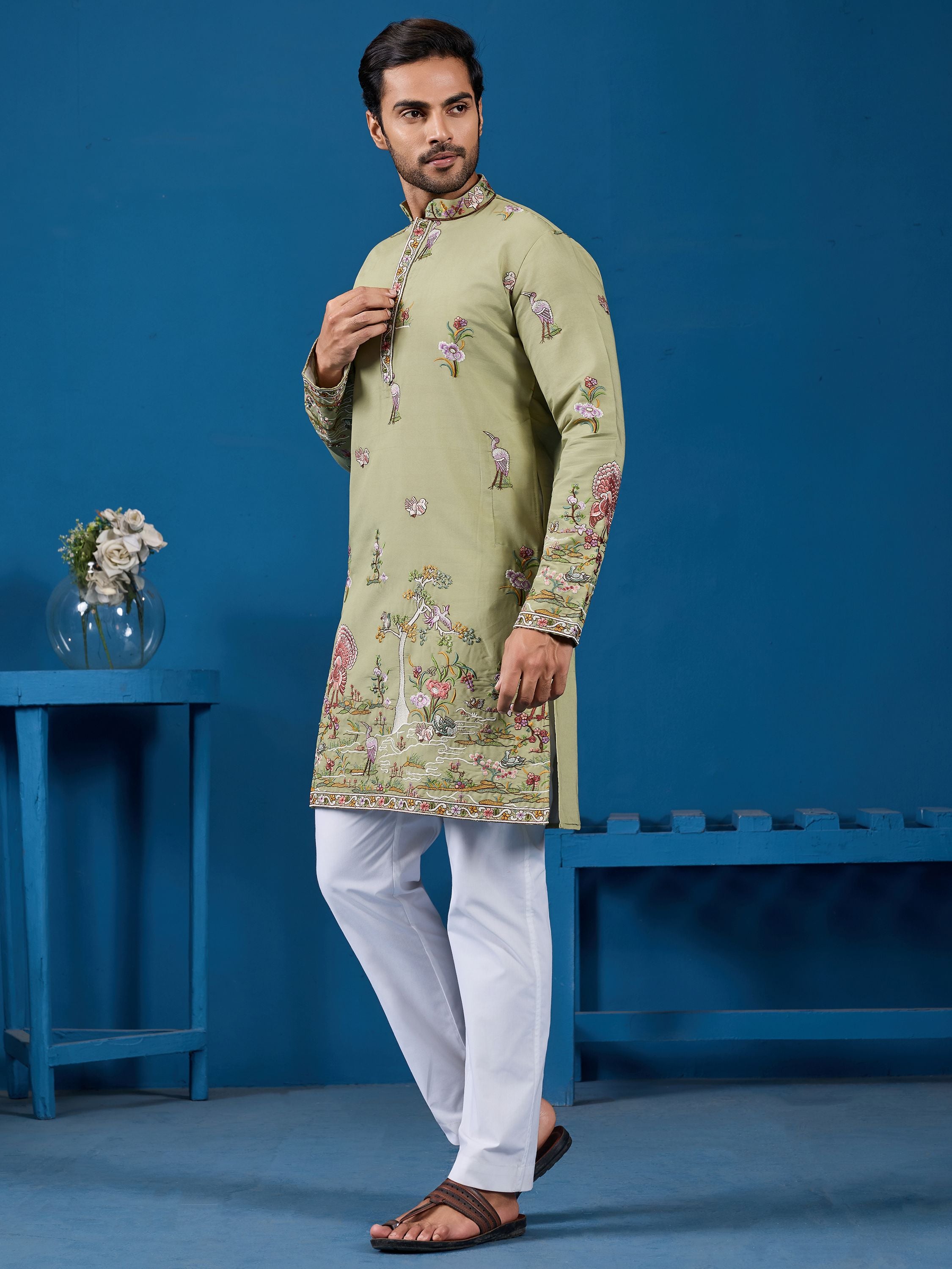 Incredible Pista Green Sequins Viscose Silk Wedding For Men Kurta