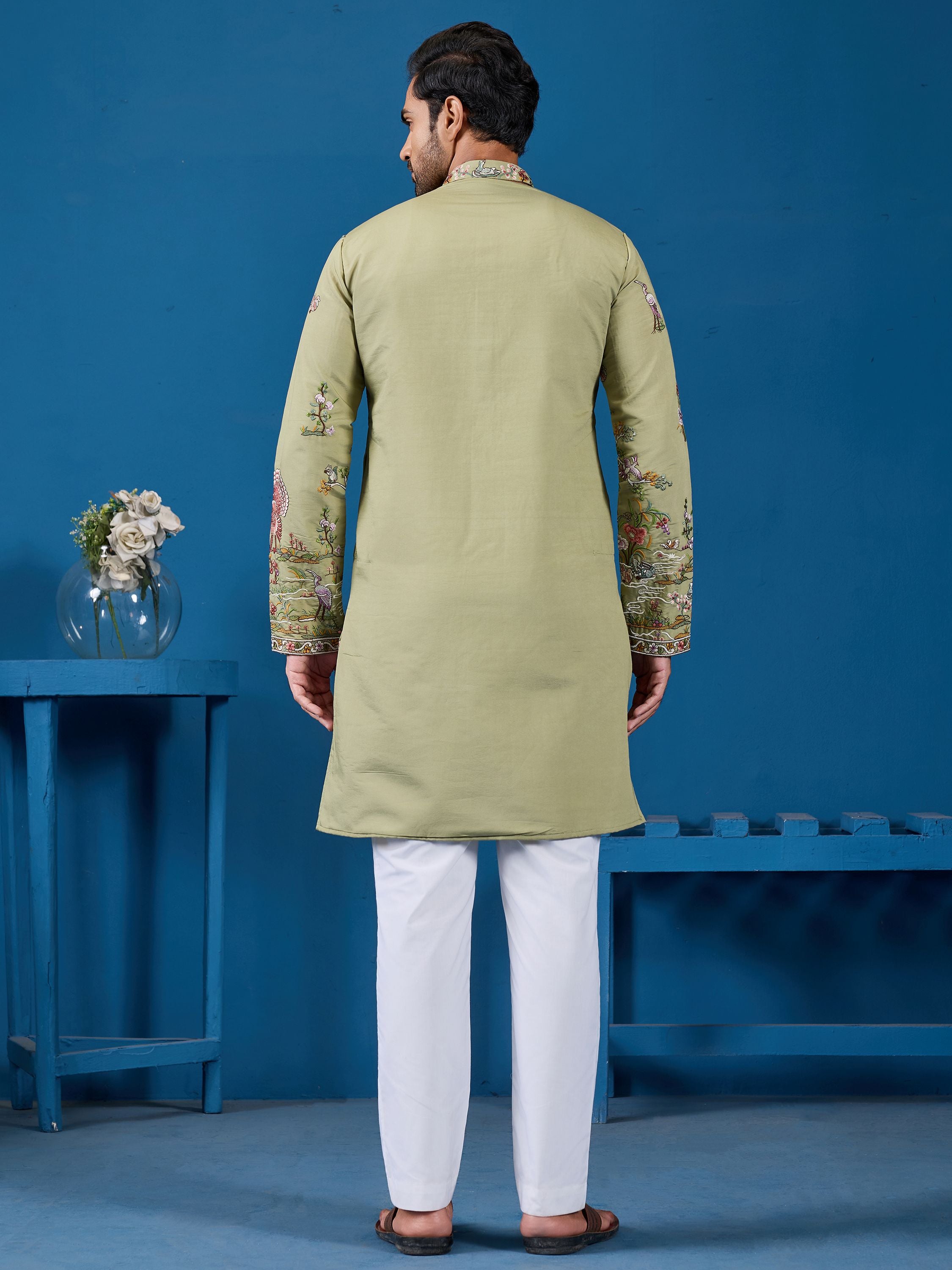 Incredible Pista Green Sequins Viscose Silk Wedding For Men Kurta