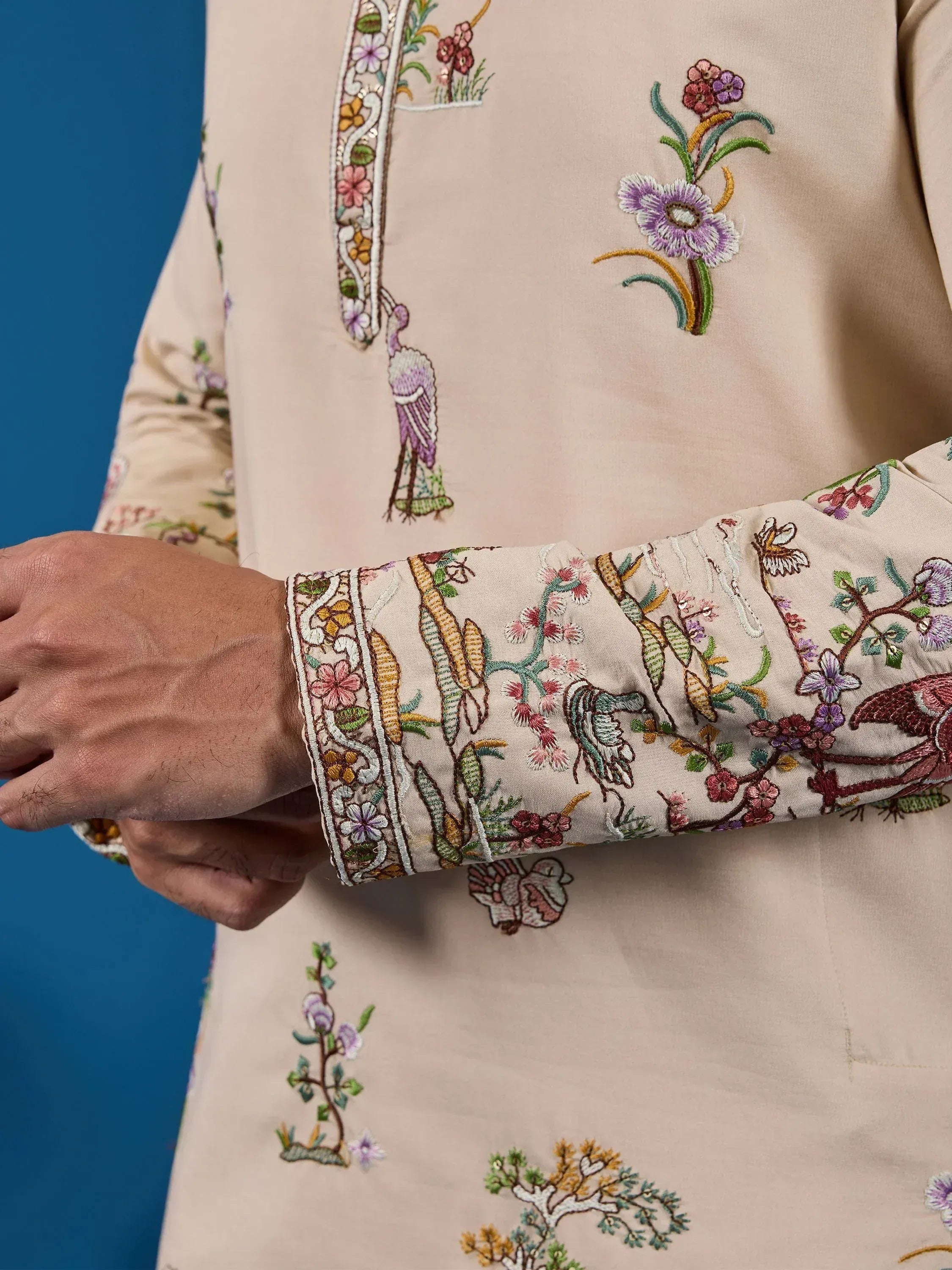 Charming Beige Thread Embroidered Viscose Silk Designer Men Kurta