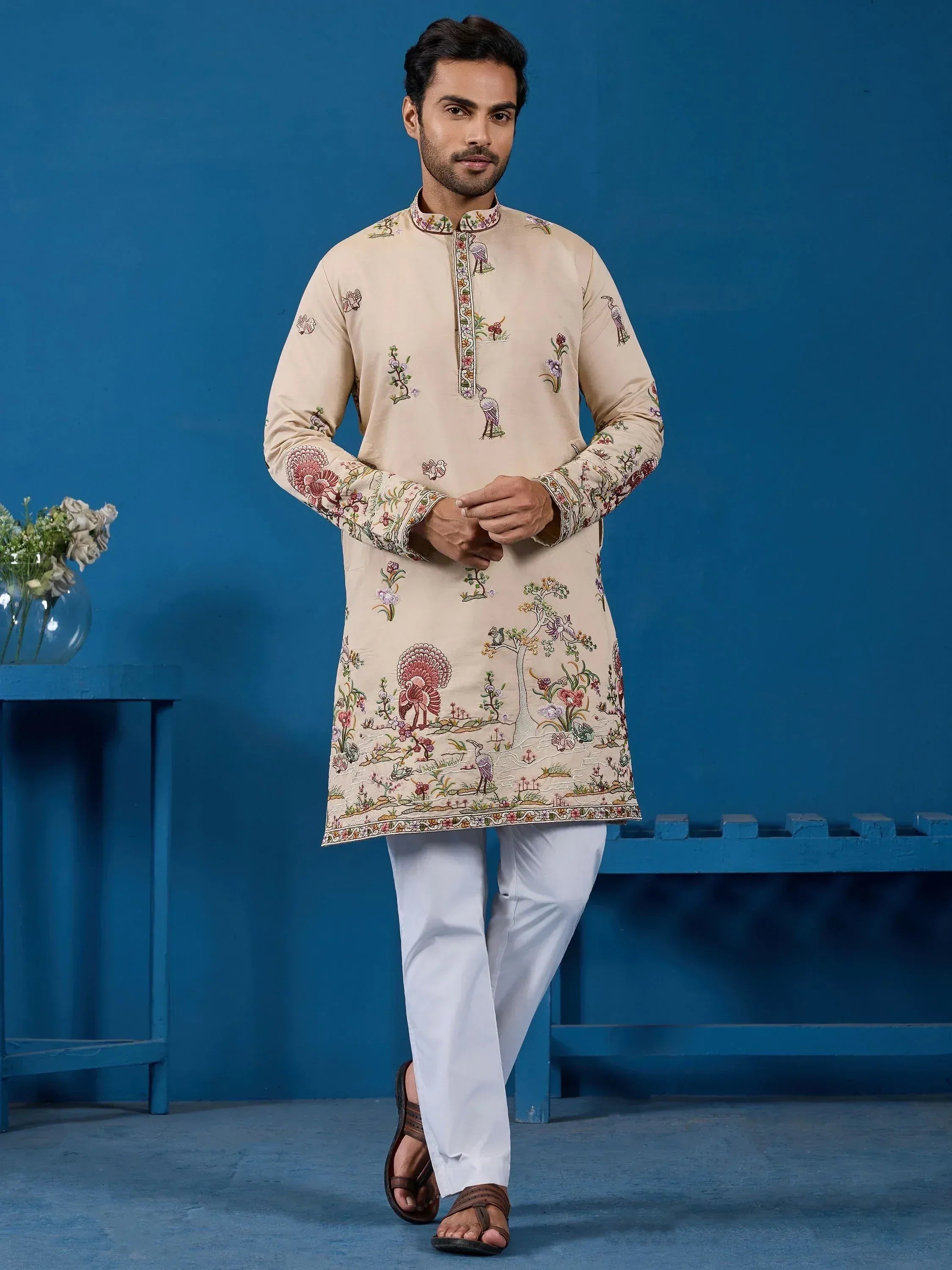 Charming Beige Thread Embroidered Viscose Silk Designer Men Kurta