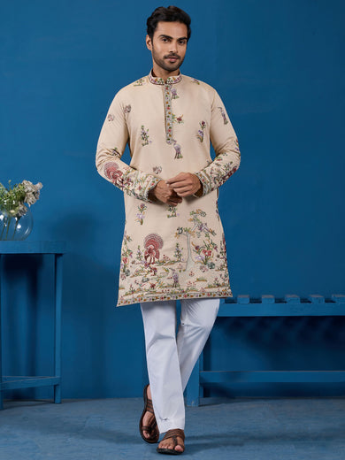 Charming Beige Thread Embroidered Viscose Silk Designer Men Kurta