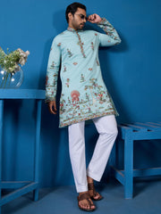 Amazing Sky-Blue Sequins Viscose Silk Function Wear Men Kurta