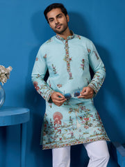Amazing Sky-Blue Sequins Viscose Silk Function Wear Men Kurta