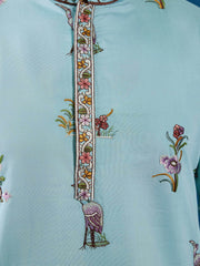 Amazing Sky-Blue Sequins Viscose Silk Function Wear Men Kurta