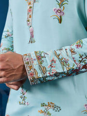 Amazing Sky-Blue Sequins Viscose Silk Function Wear Men Kurta