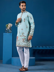 Amazing Sky-Blue Sequins Viscose Silk Function Wear Men Kurta