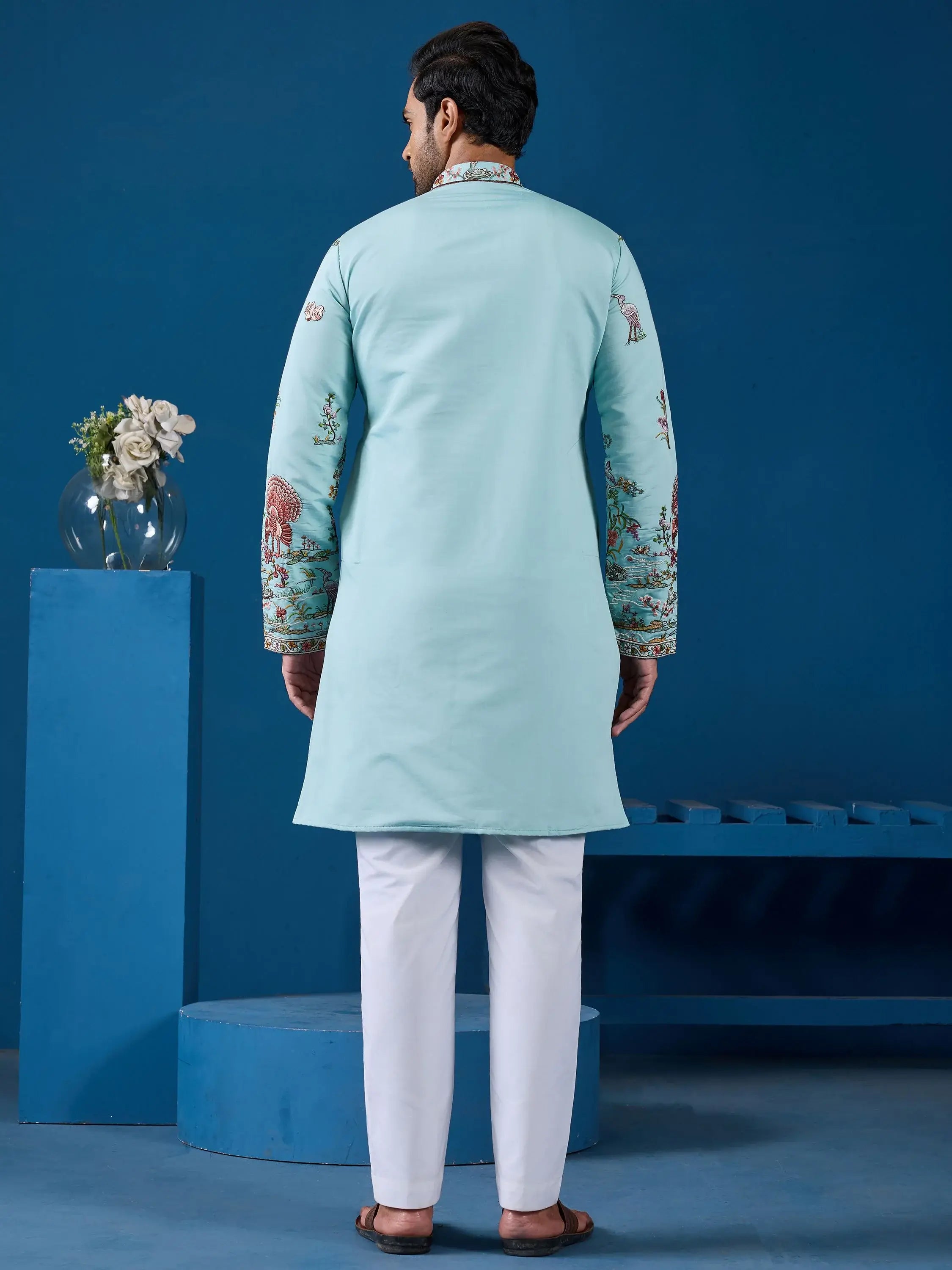 Amazing Sky-Blue Sequins Viscose Silk Function Wear Men Kurta