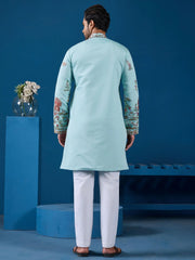 Amazing Sky-Blue Sequins Viscose Silk Function Wear Men Kurta
