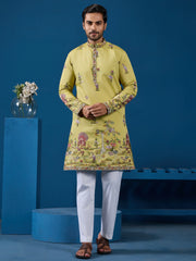 Tantalizing Yellow Sequins Embroidery Viscose Silk Festival Wear Men Kurta
