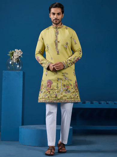 Tantalizing Yellow Sequins Embroidery Viscose Silk Festival Wear Men Kurta