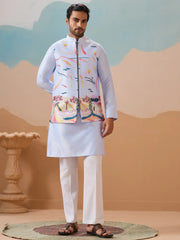 Astonishing Sky Blue Silk Men Kurta With Pant And Multi-Thread Work Jacket