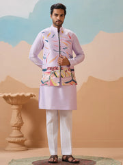 Lovable Lavender Thread Work Silk Men Kurta With Pant And Jacket
