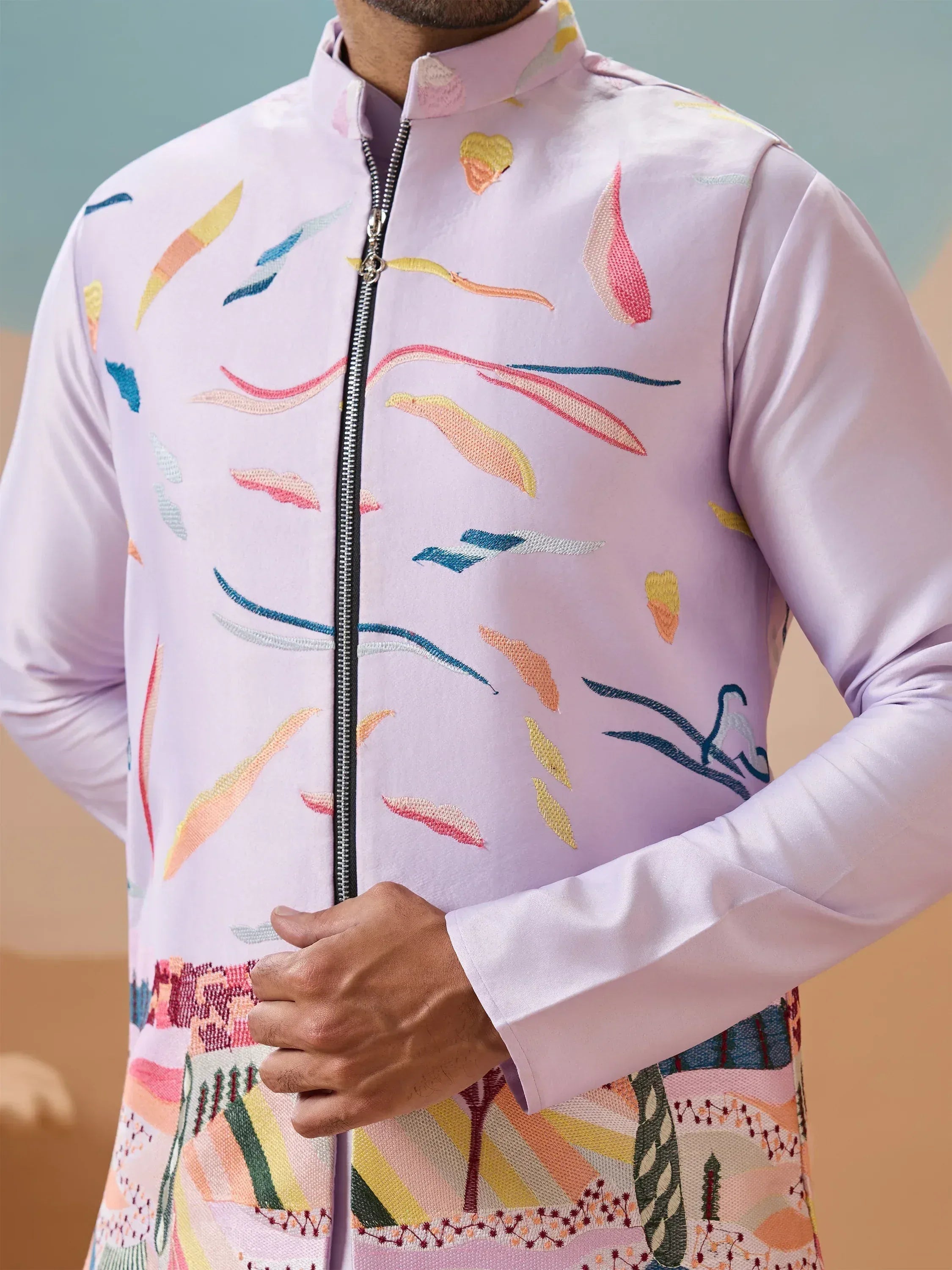 Men's lavender kurta with colorful abstract embroidery and front zipper, ethnic wear design