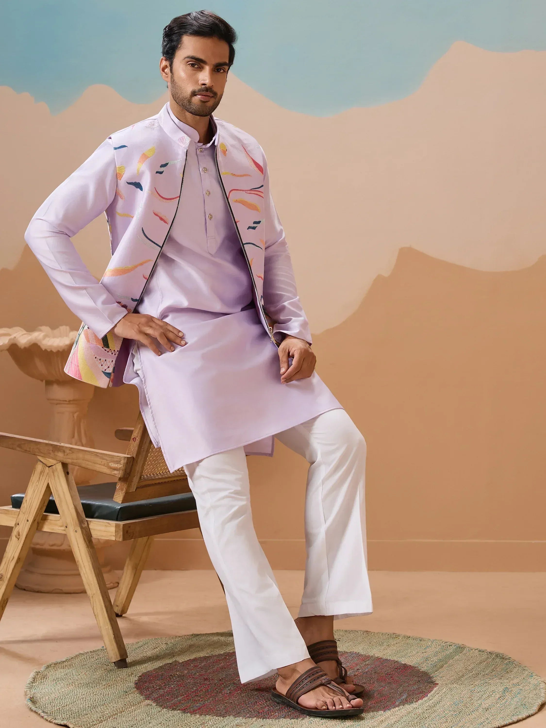 White kurta pajama with purple floral embroidered waistcoat for men, ethnic Indian wear