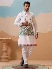 Dazzling White Thread Embroidered Silk Men’s Kurta Set With Jacket
