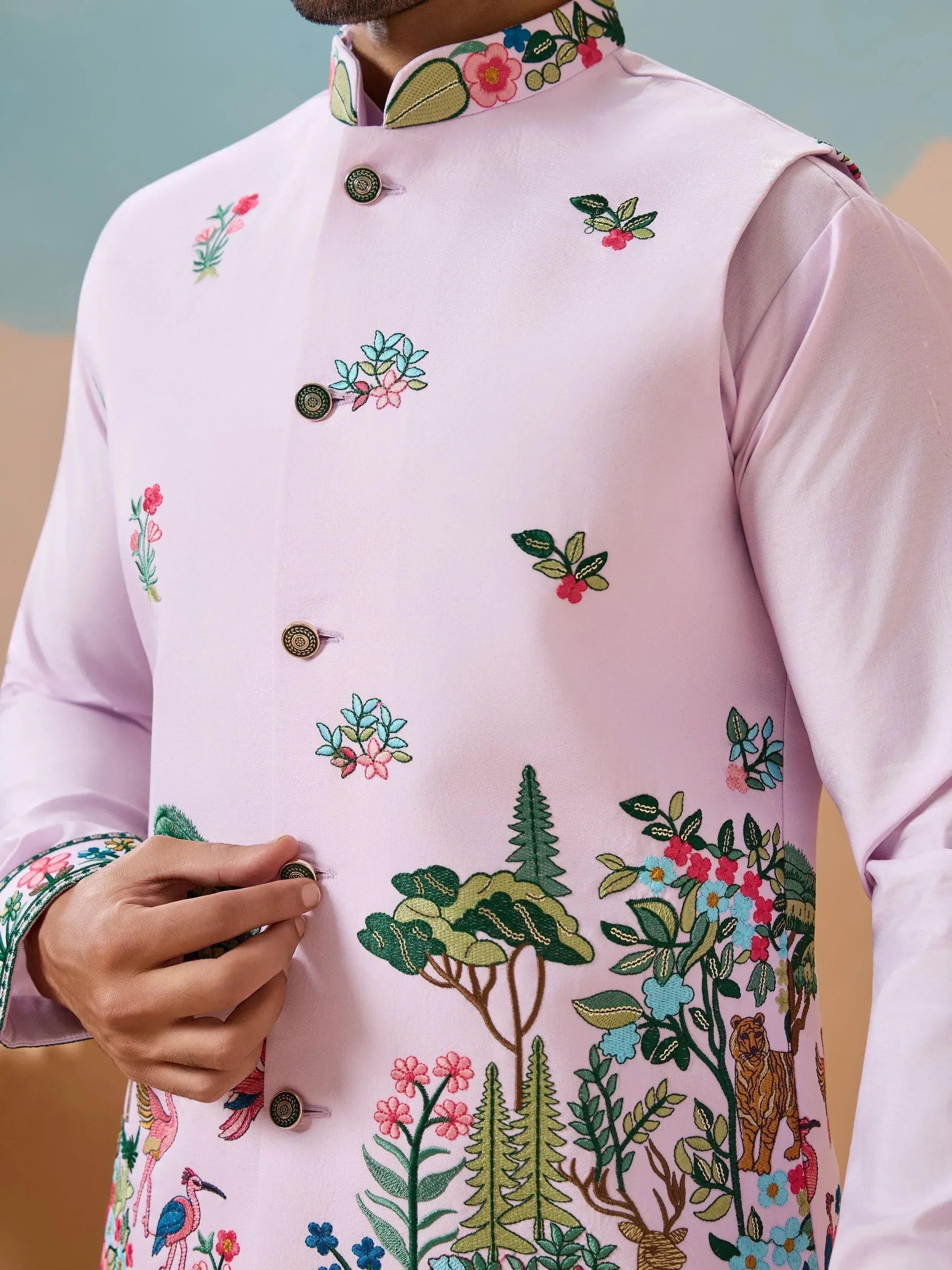 Stunning Lavender Thread Embroidered Silk Men’s Kurta Set With Jacket