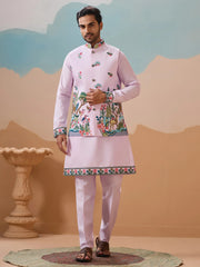 Stunning Lavender Thread Embroidered Silk Men’s Kurta Set With Jacket