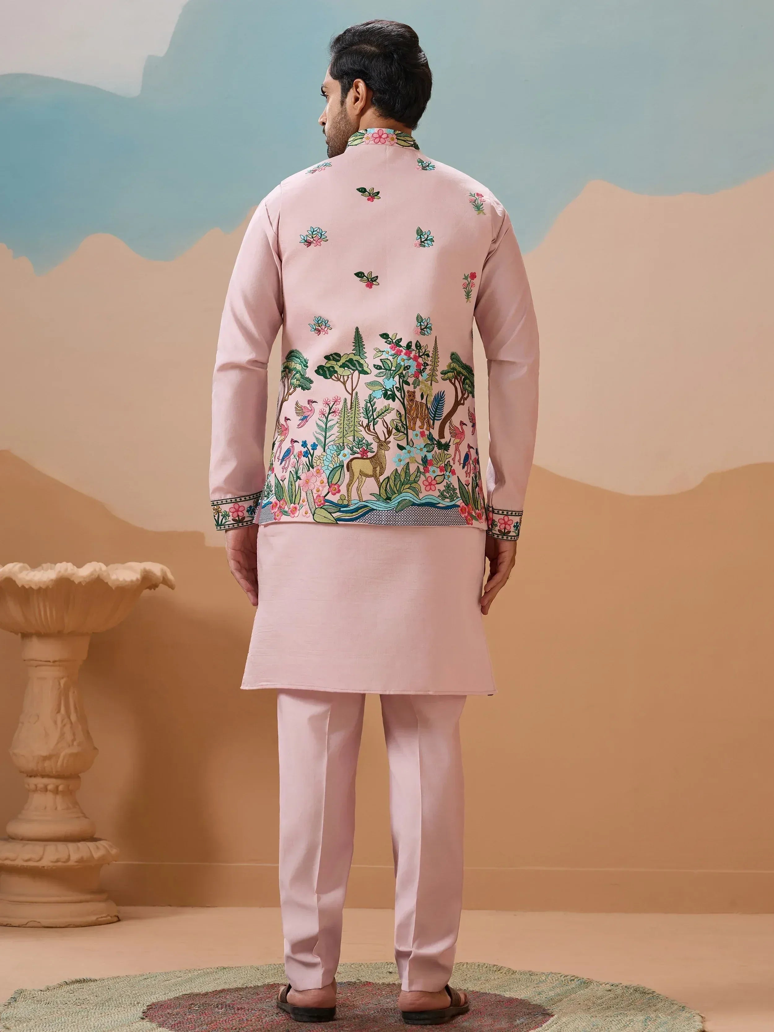 Impressive Pink Thread Embroidered Silk Men’s Kurta Set With Jacket