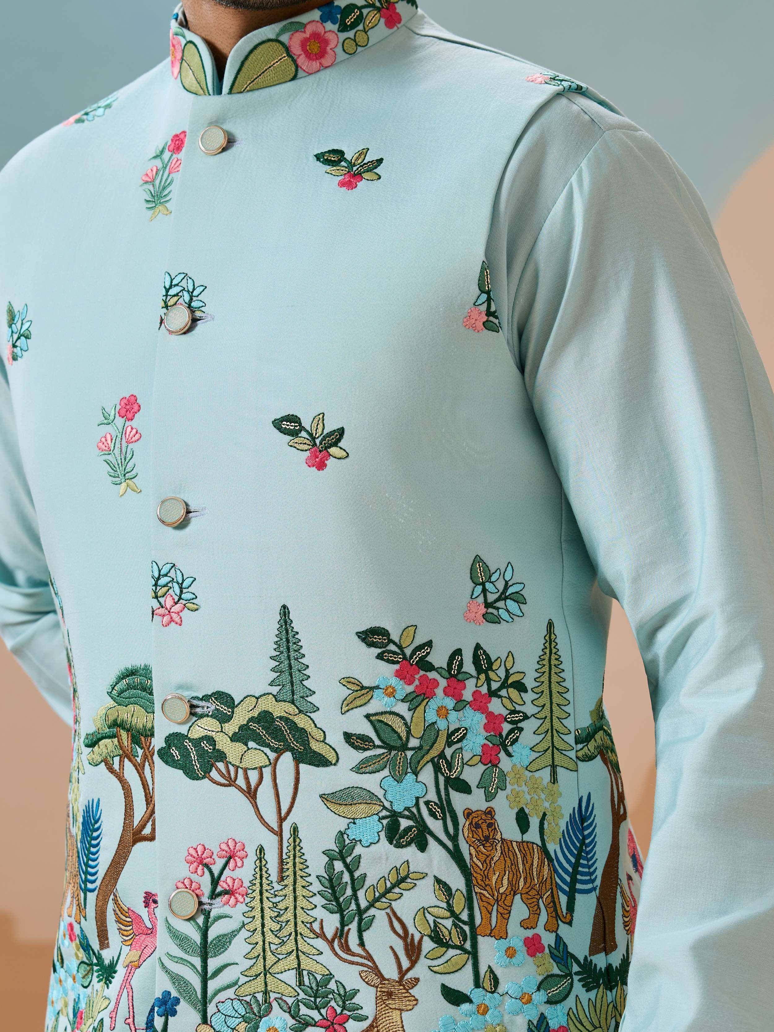 Lovely Sky Blue Thread Embroidered Silk Men’s Kurta Set With Jacket