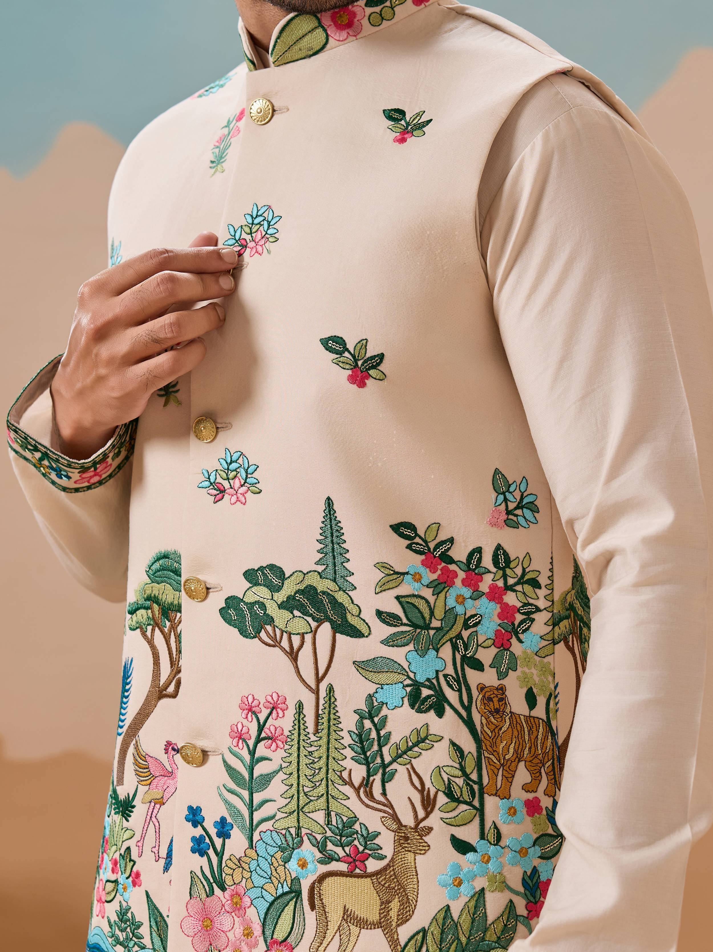 Attractive Beige Thread Embroidered Silk Men's Kurta Set With Jacket