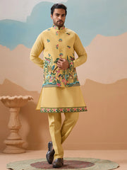 Awesome Yellow Thread Embroidered Silk Men's Kurta Set With Jacket