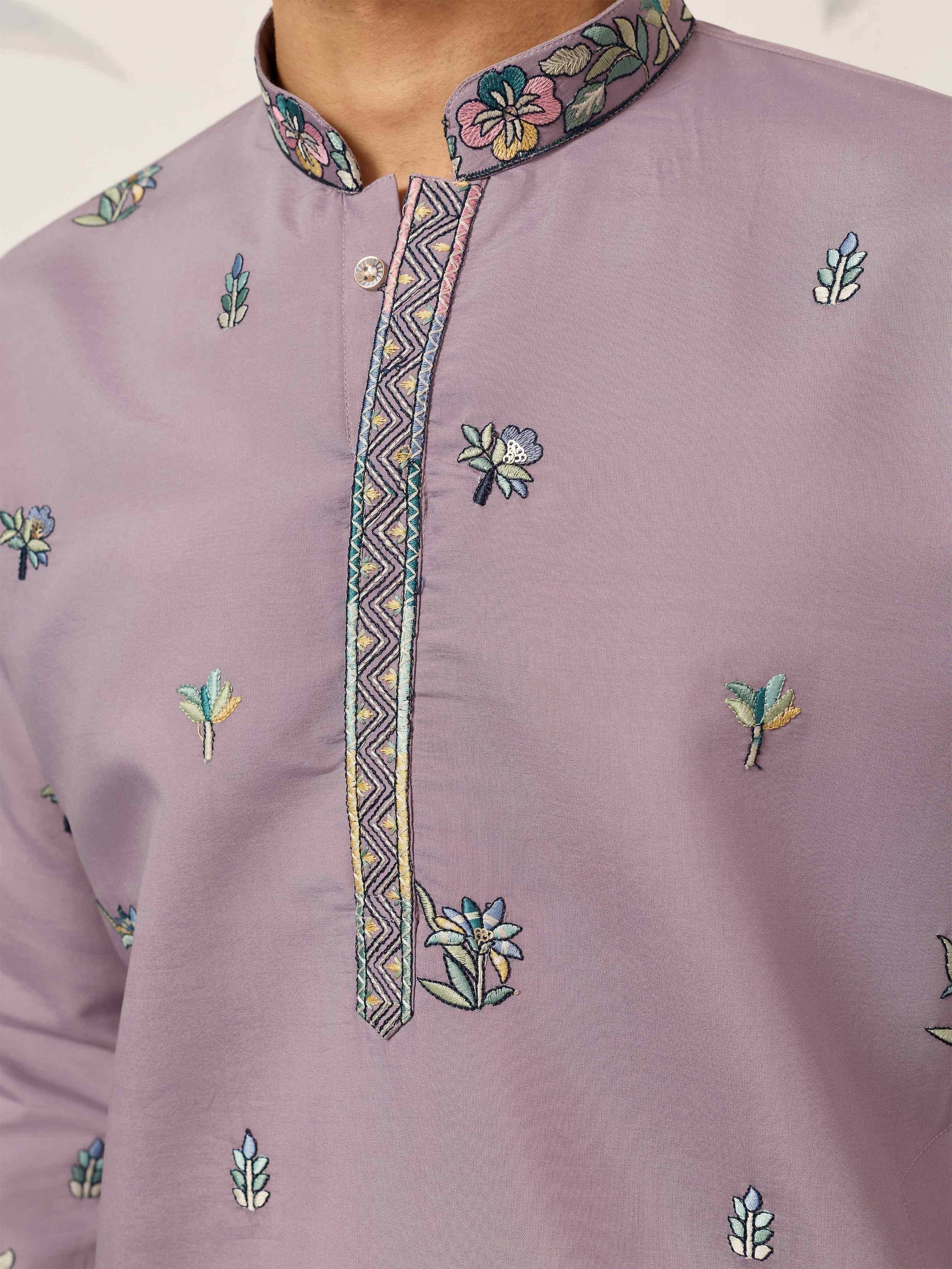 Amazing Purple Thread Embroidered Silk Function Wear Men’s Kurta