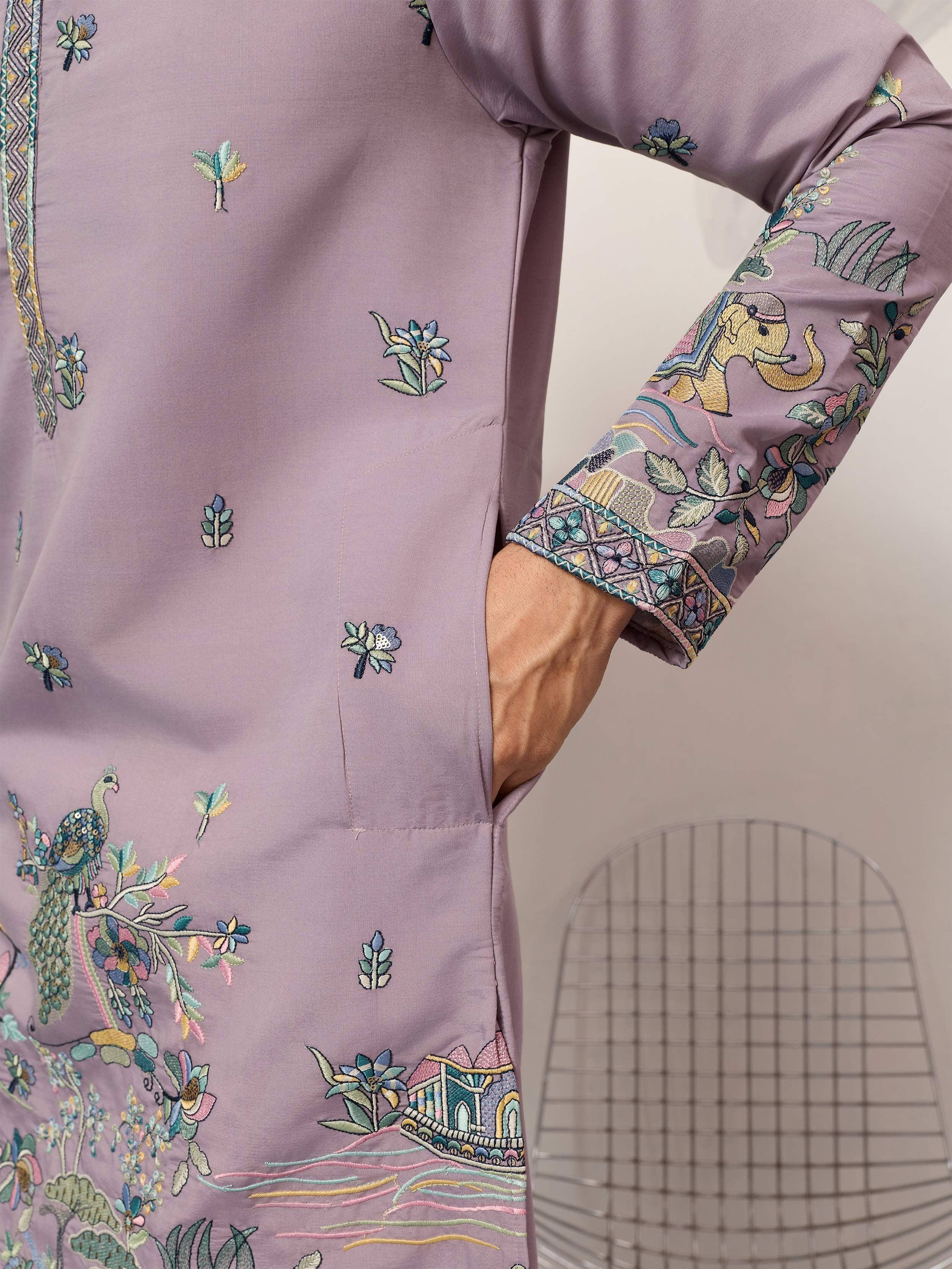 Amazing Purple Thread Embroidered Silk Function Wear Men’s Kurta
