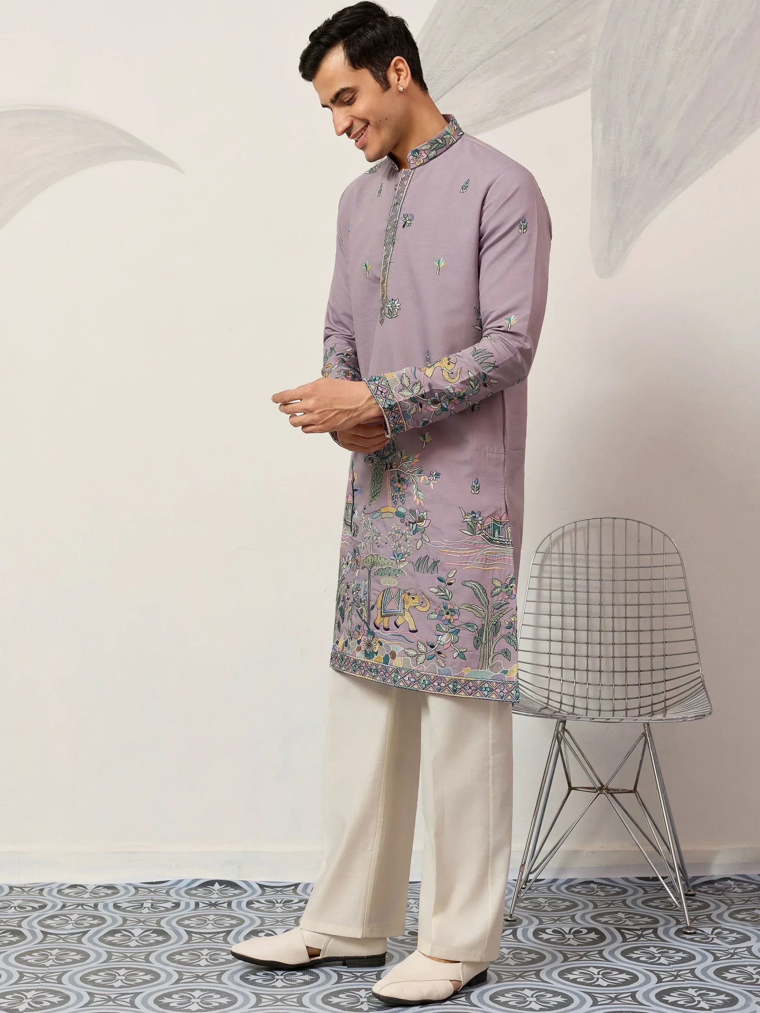 Amazing Purple Thread Embroidered Silk Function Wear Men’s Kurta