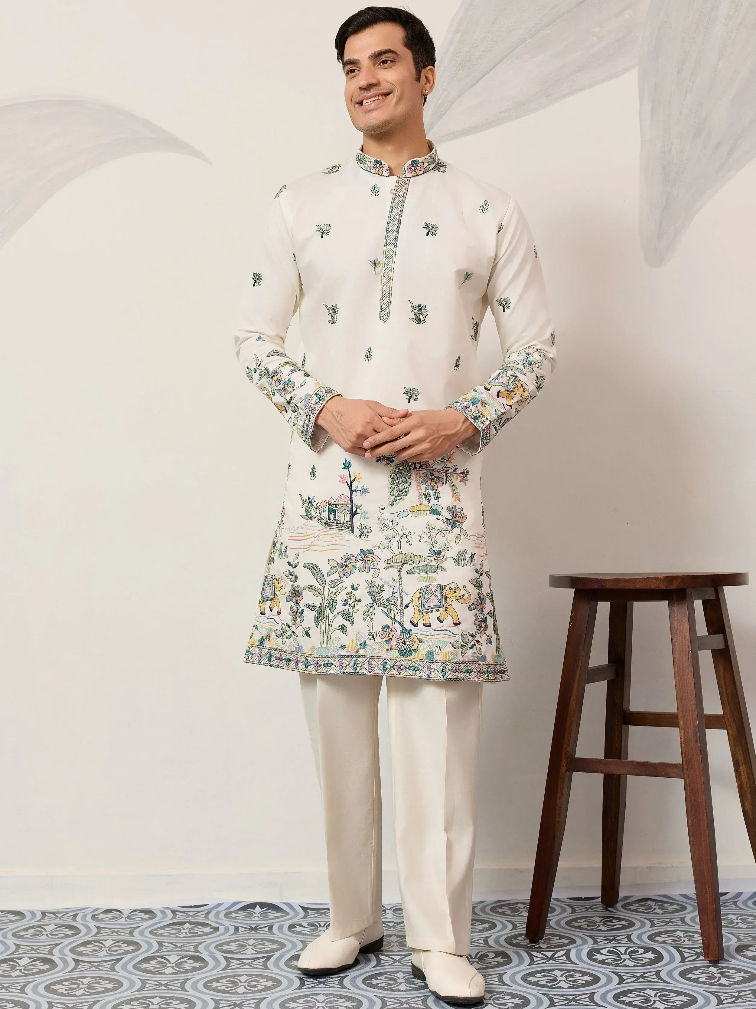 Beautiful White Thread Embroidered Silk Festival Wear Men’s Kurta