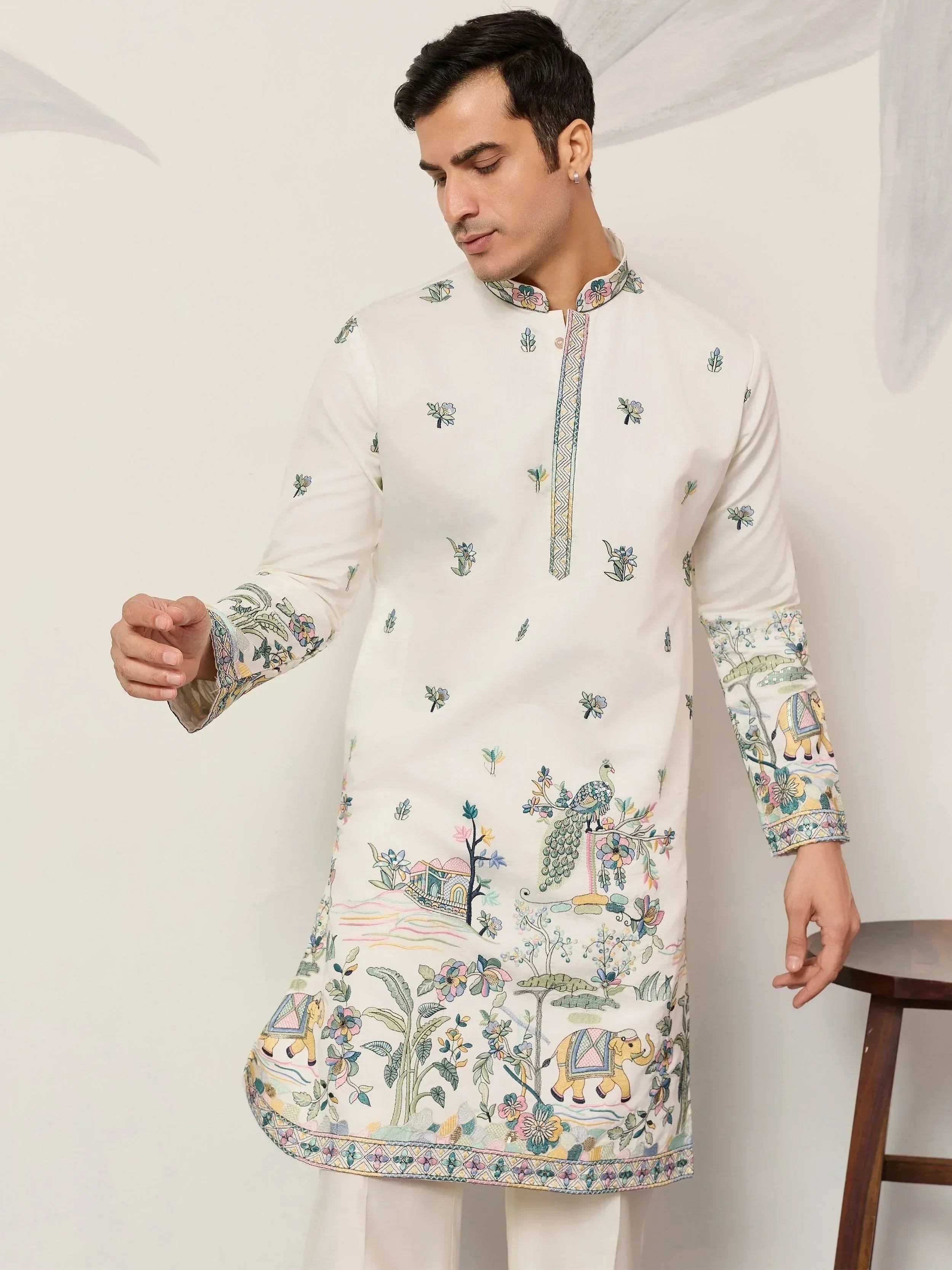Beautiful White Thread Embroidered Silk Festival Wear Men’s Kurta