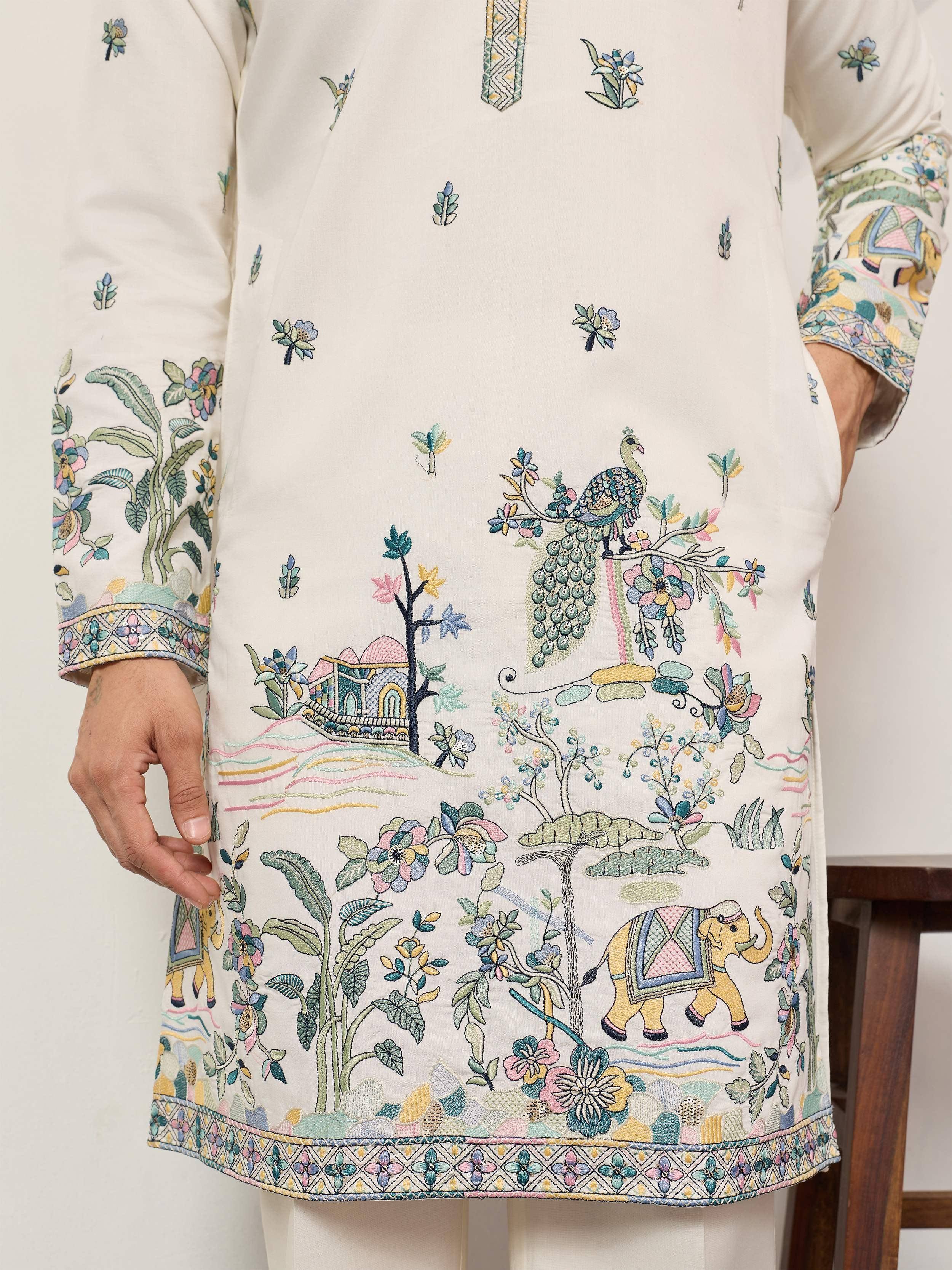 Beautiful White Thread Embroidered Silk Festival Wear Men’s Kurta