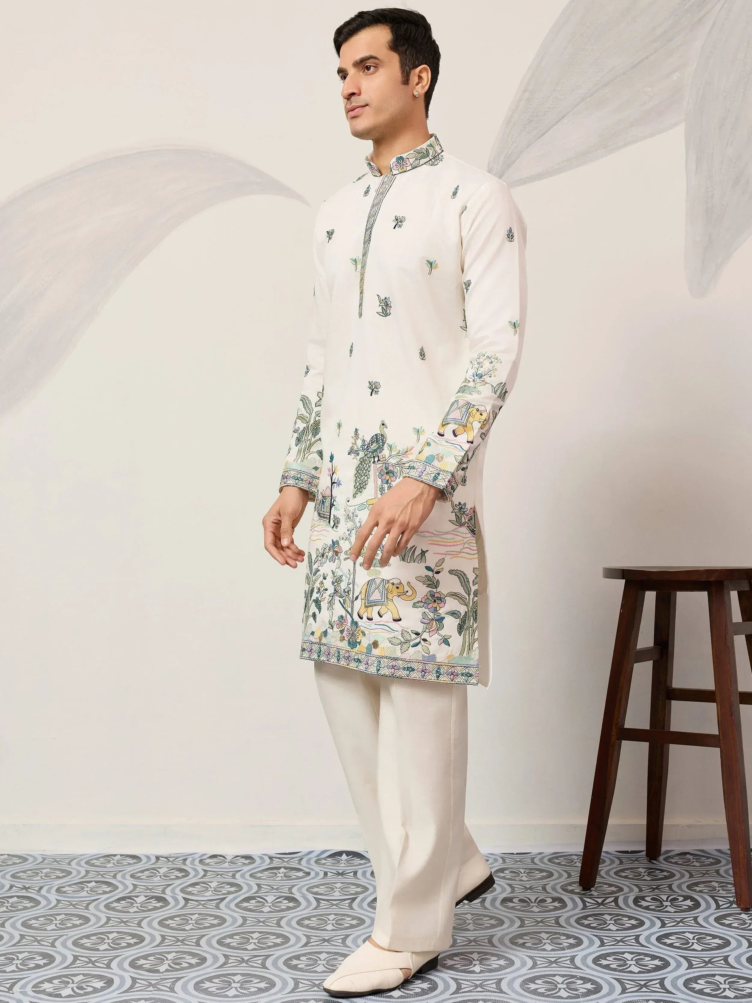 Beautiful White Thread Embroidered Silk Festival Wear Men’s Kurta