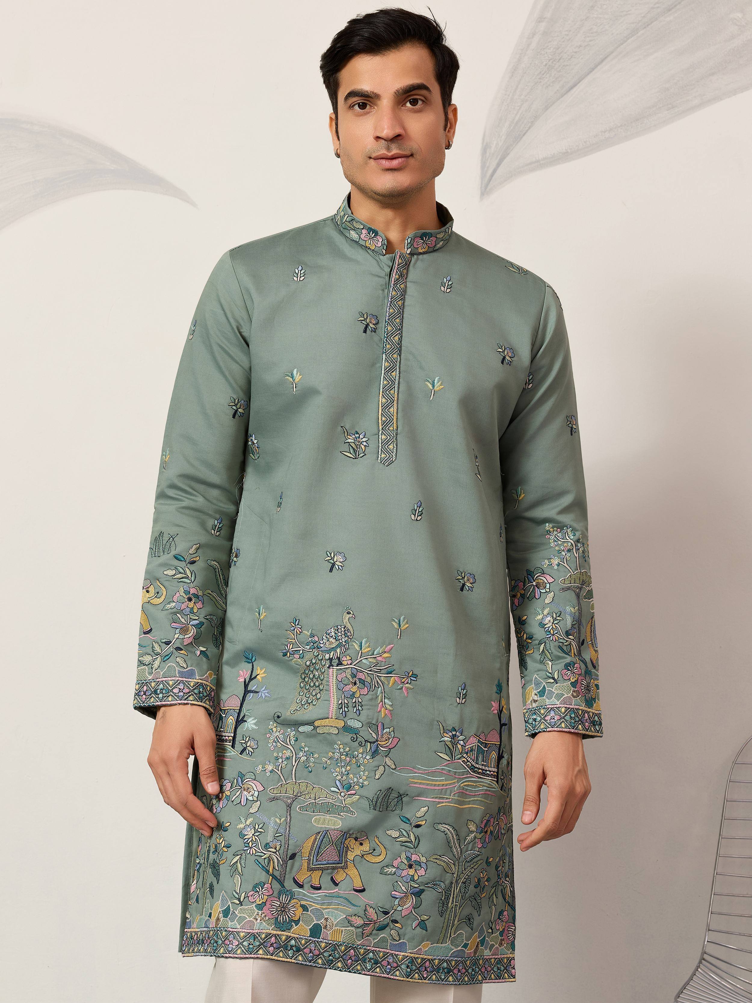 Charming Green Thread Embroidered Silk Wedding Wear Men’s Kurta