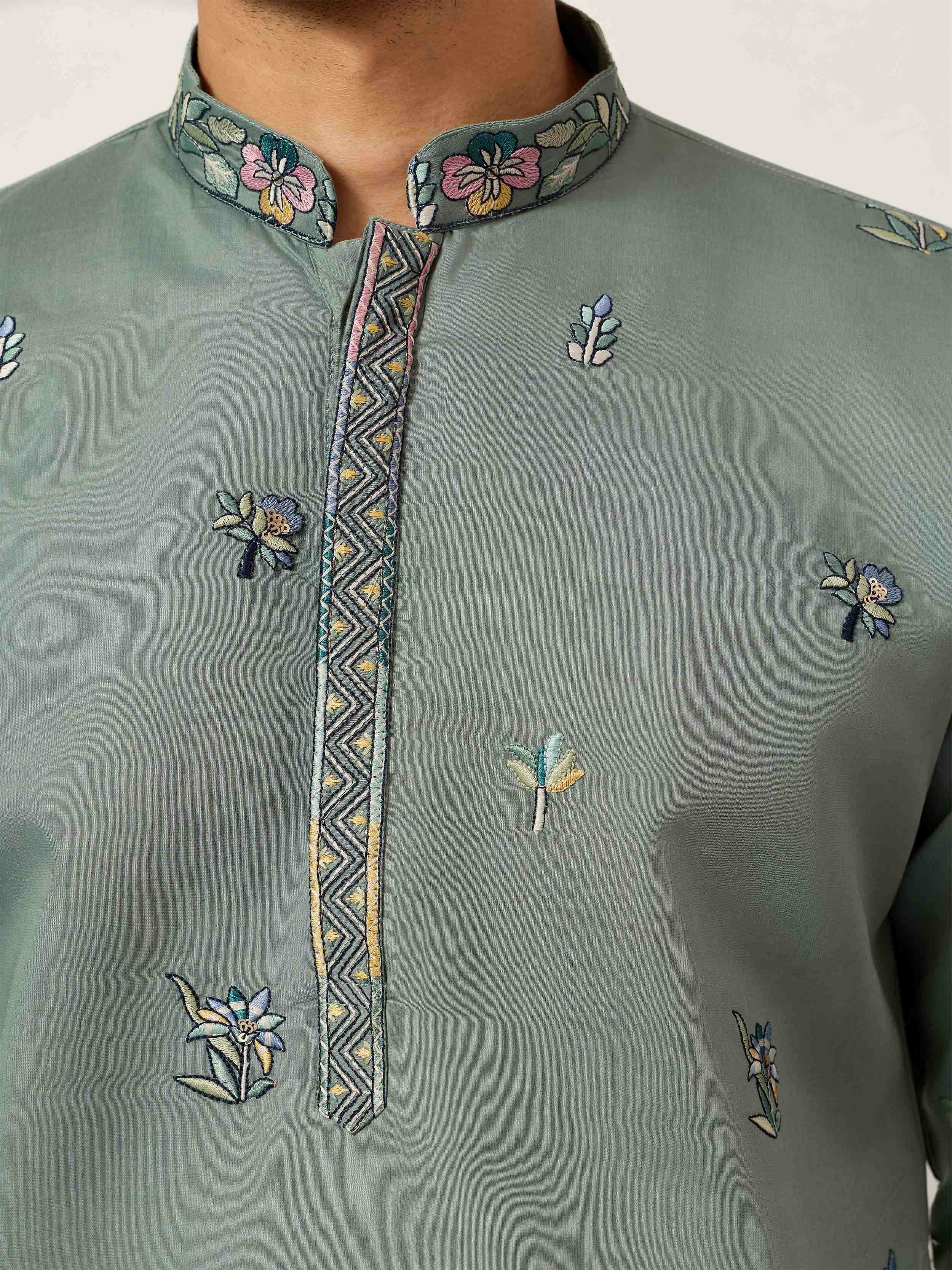 Charming Green Thread Embroidered Silk Wedding Wear Men’s Kurta