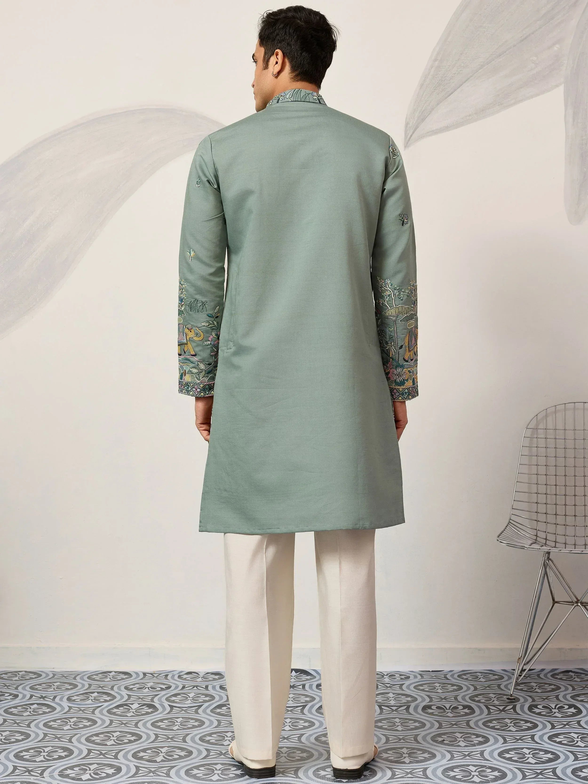 Charming Green Thread Embroidered Silk Wedding Wear Men’s Kurta