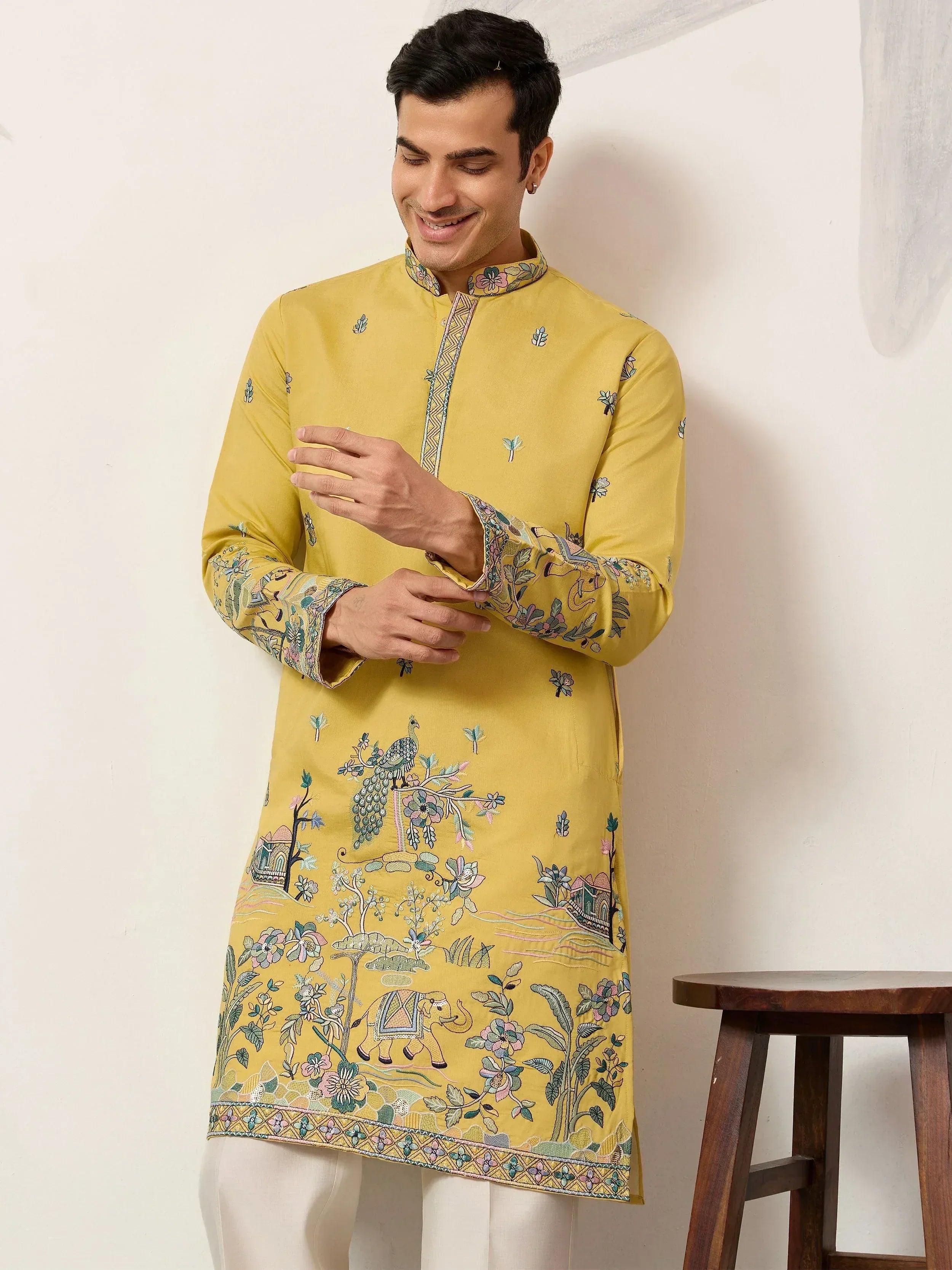 Dazzling Yellow Thread Embroidered Silk Haldi Wear Men’s Kurta