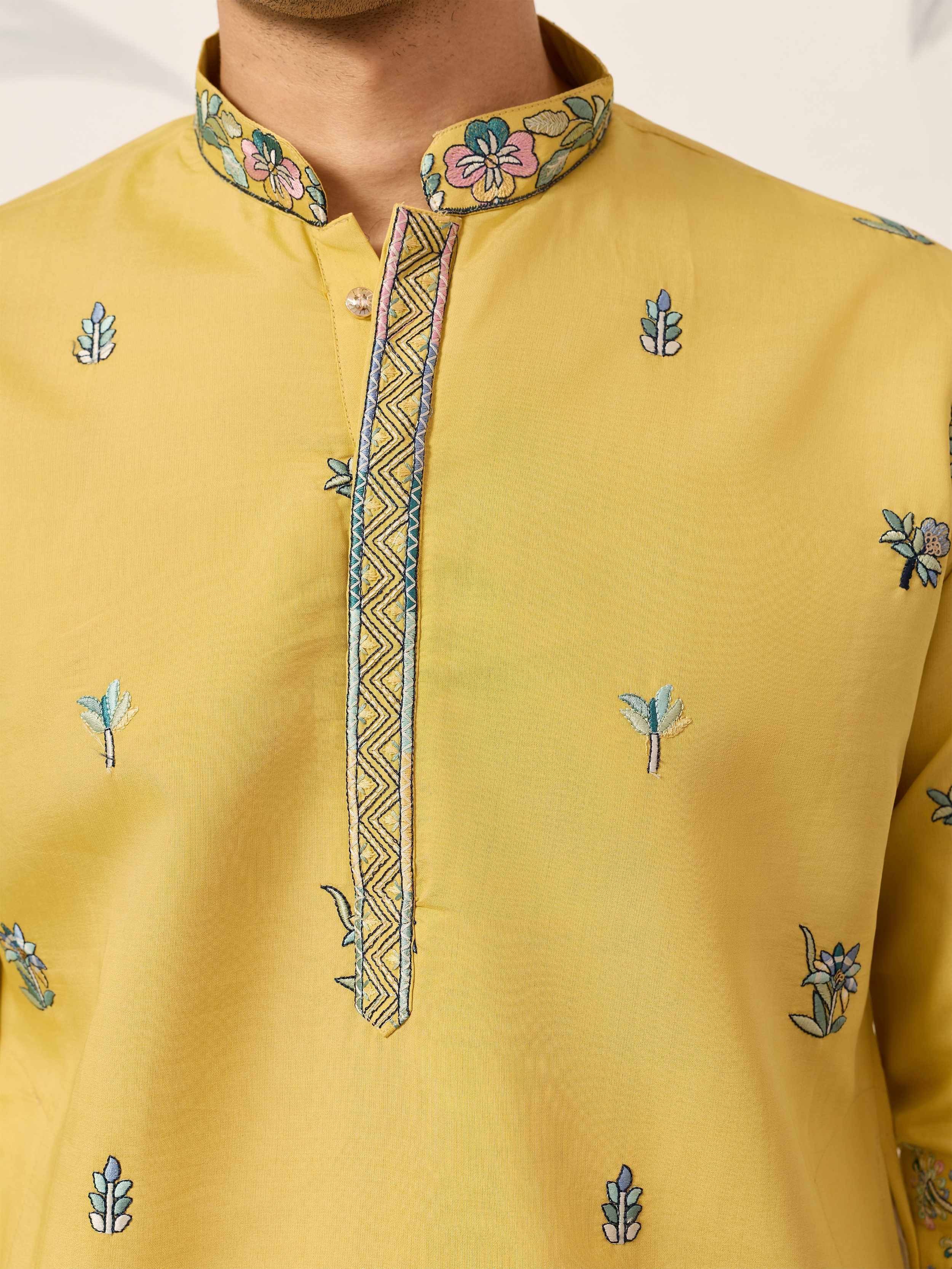 Dazzling Yellow Thread Embroidered Silk Haldi Wear Men’s Kurta