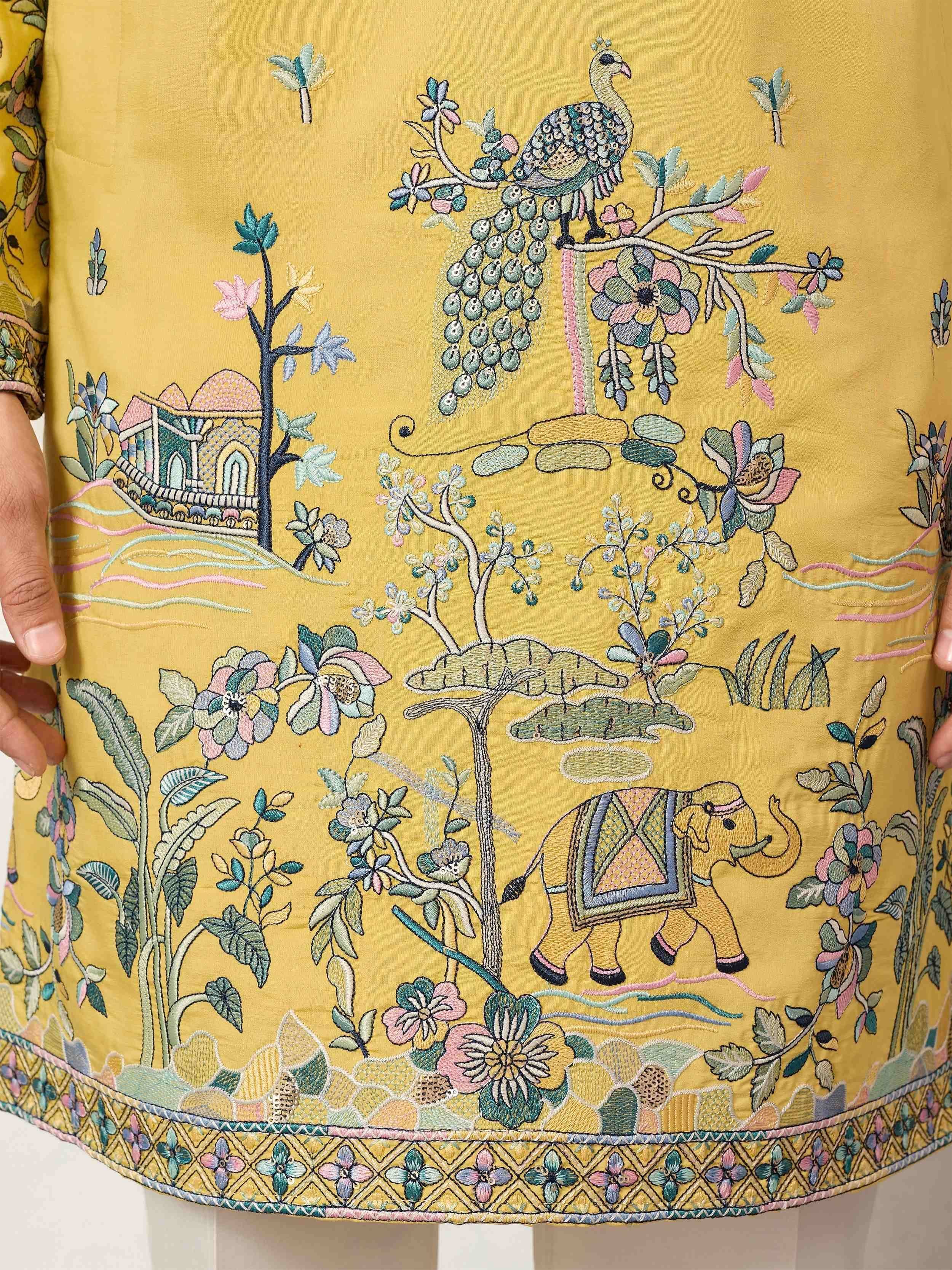 Dazzling Yellow Thread Embroidered Silk Haldi Wear Men’s Kurta