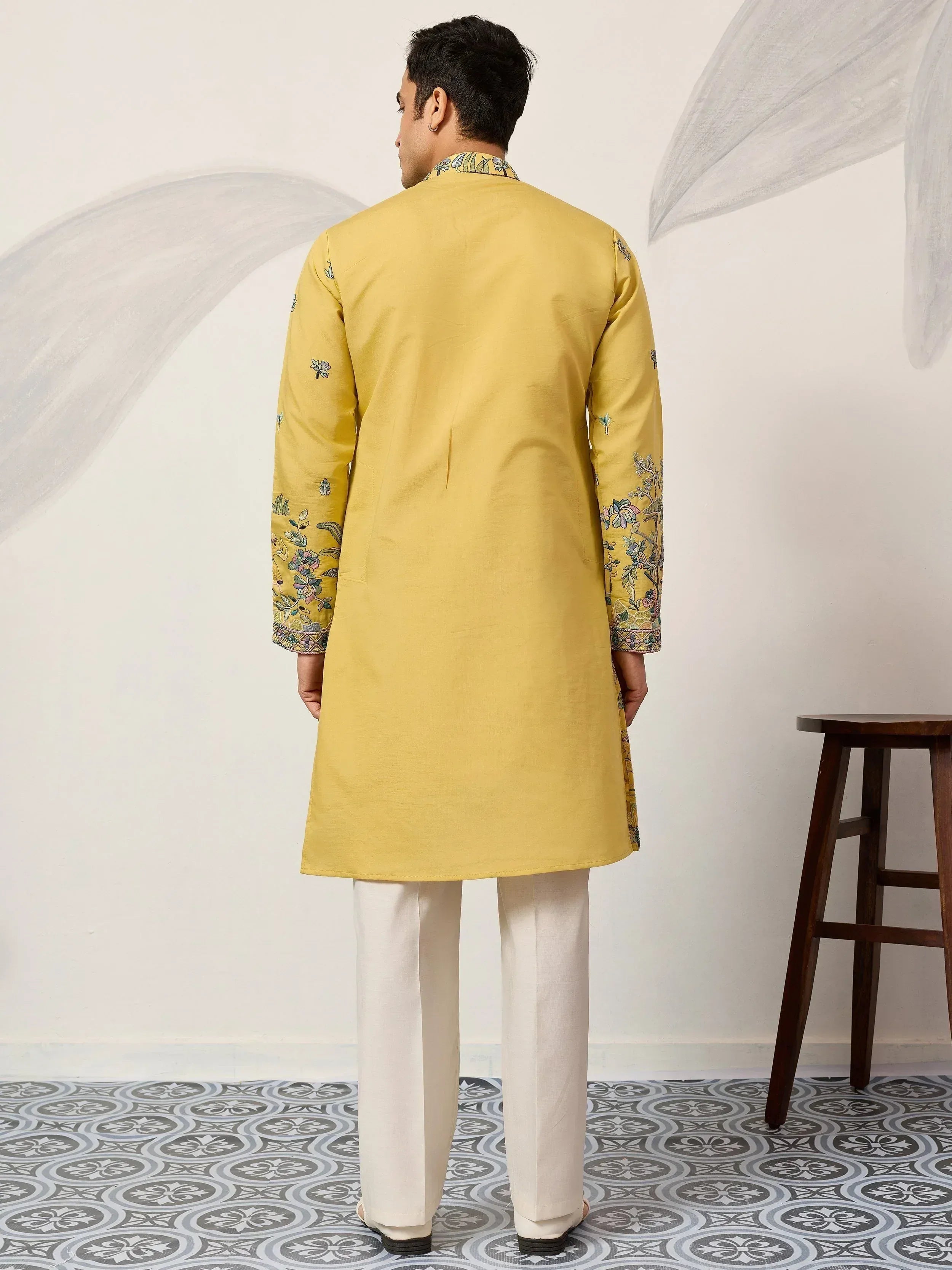 Dazzling Yellow Thread Embroidered Silk Haldi Wear Men’s Kurta