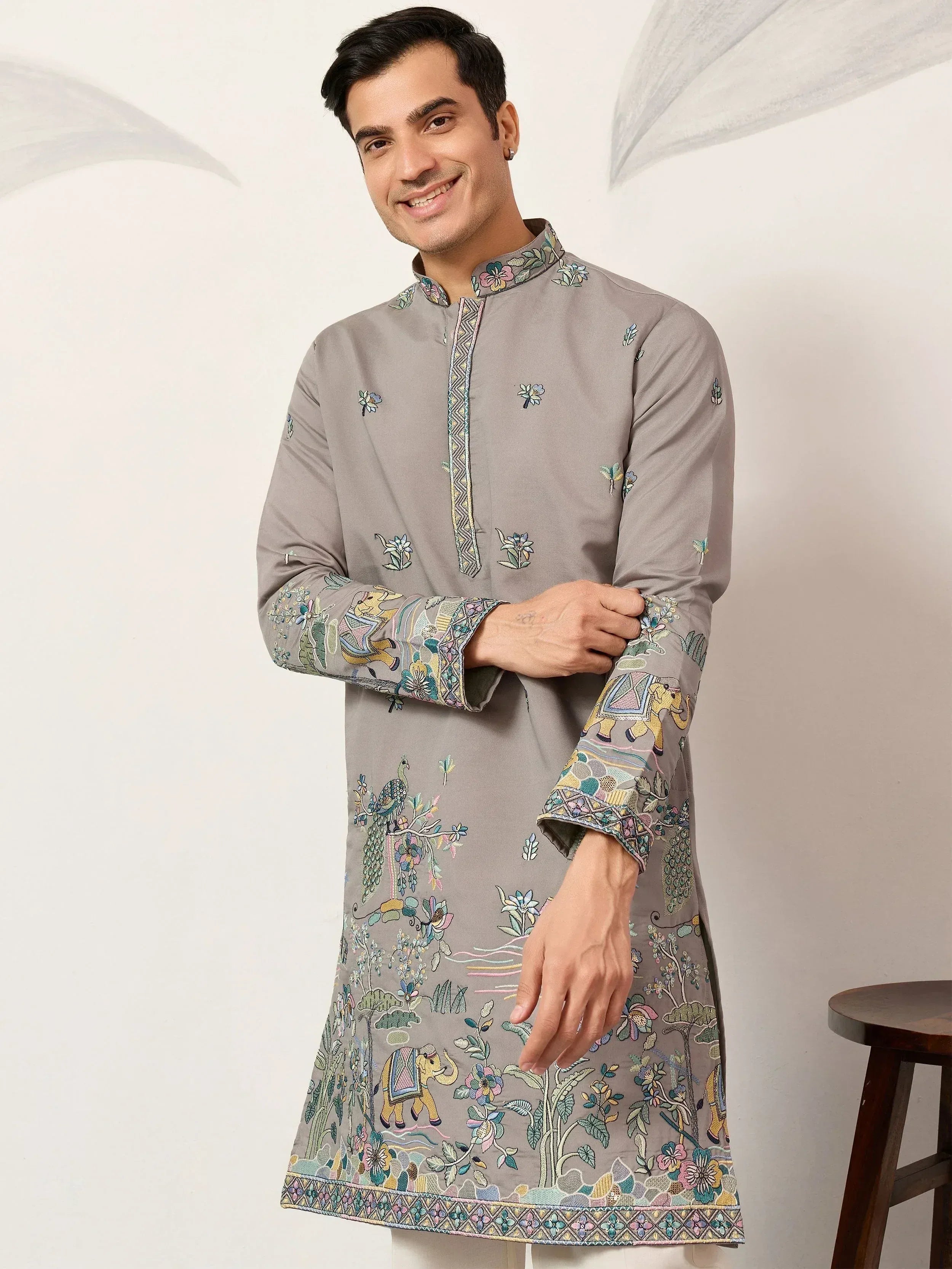 Stunning Grey Thread Embroidered Silk Wedding Wear Men’s Kurta