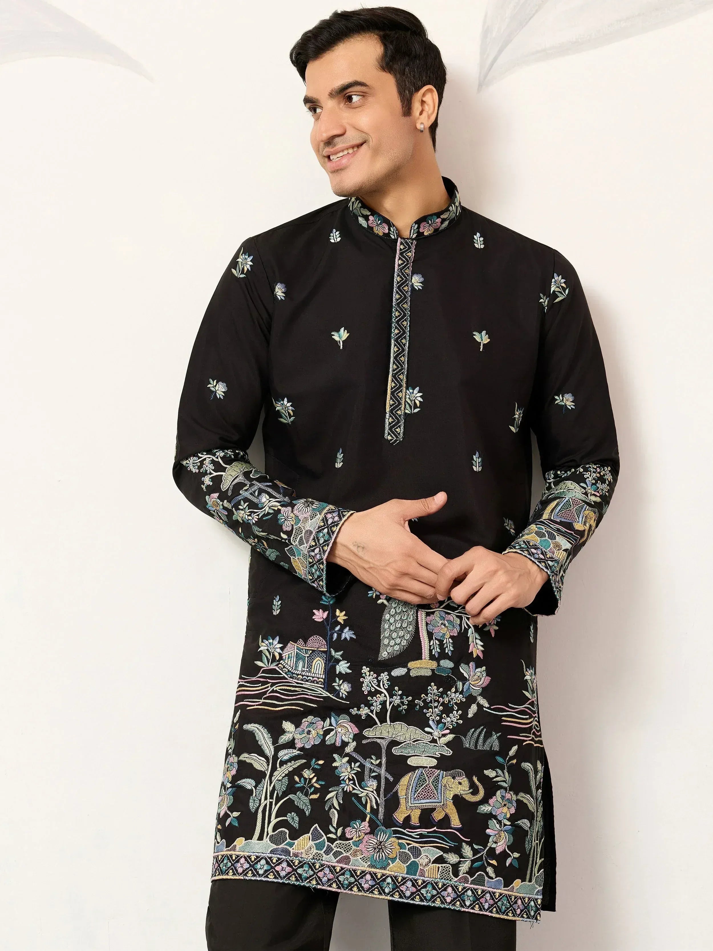 Impressive Black Thread Embroidered Silk Function Wear Men’s Kurta