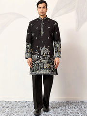 Impressive Black Thread Embroidered Silk Function Wear Men’s Kurta