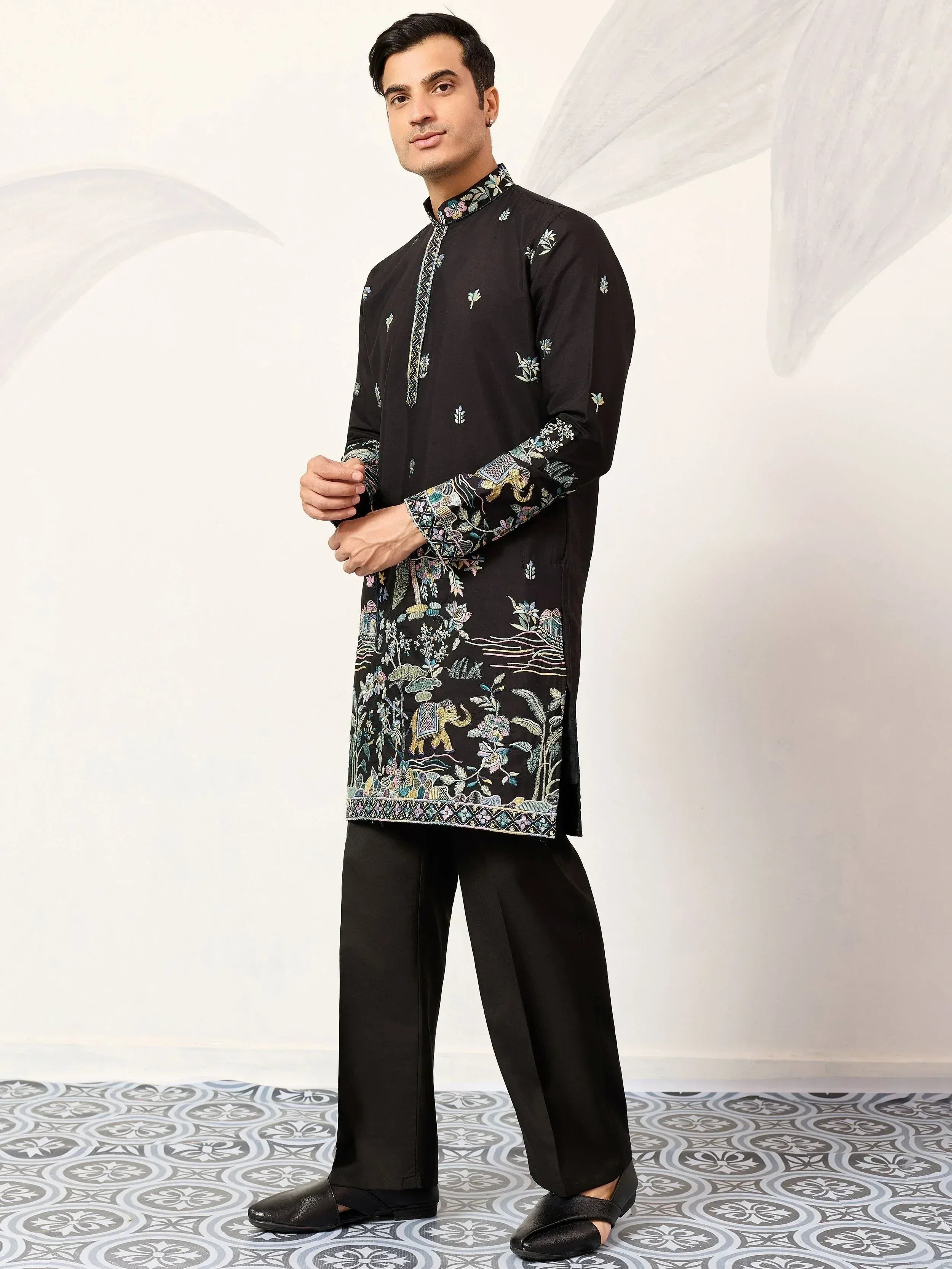 Impressive Black Thread Embroidered Silk Function Wear Men’s Kurta