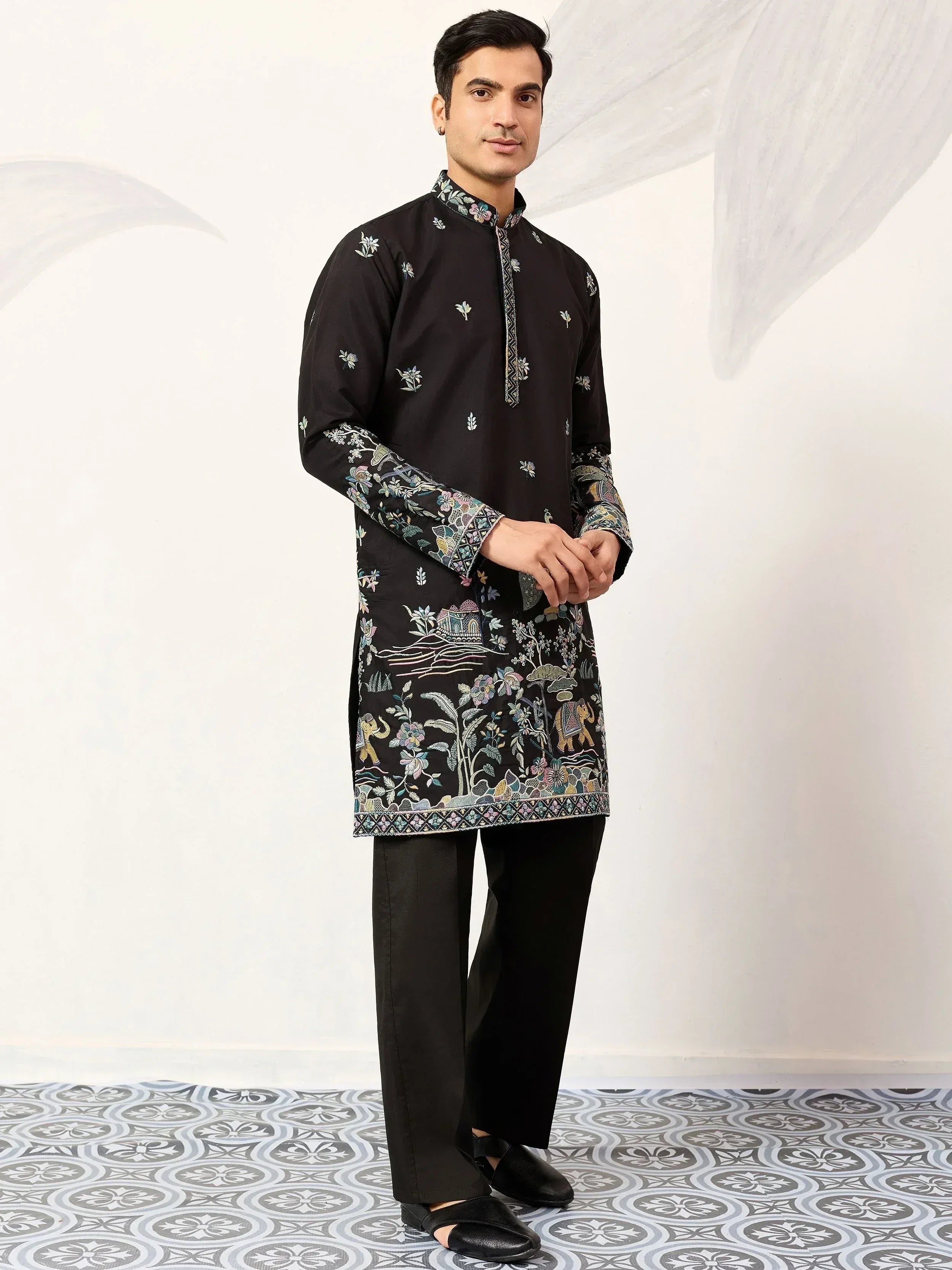 Impressive Black Thread Embroidered Silk Function Wear Men’s Kurta