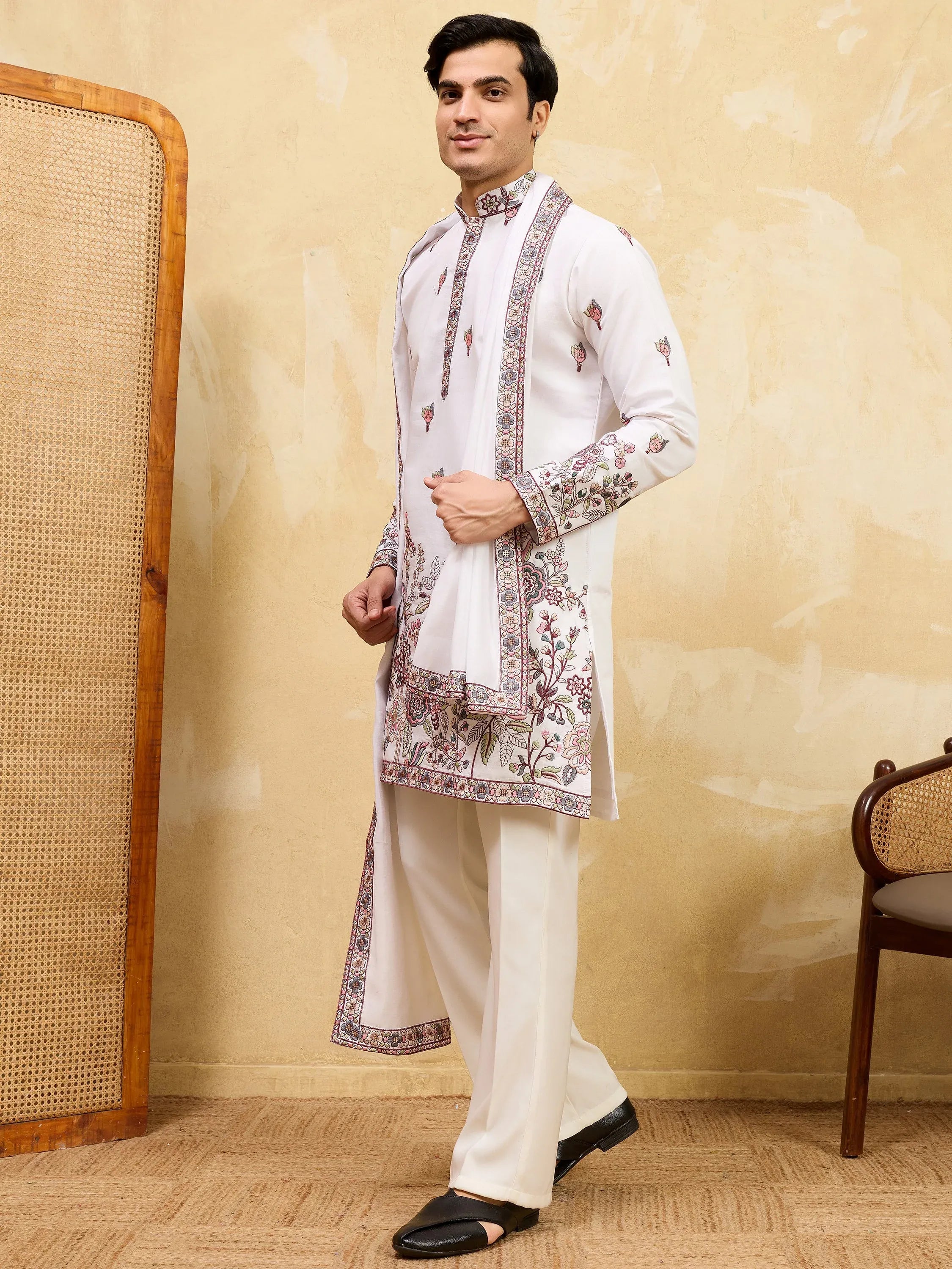 Gorgeous White Sequins Silk Festival Wear Men's Kurta With Dupatta