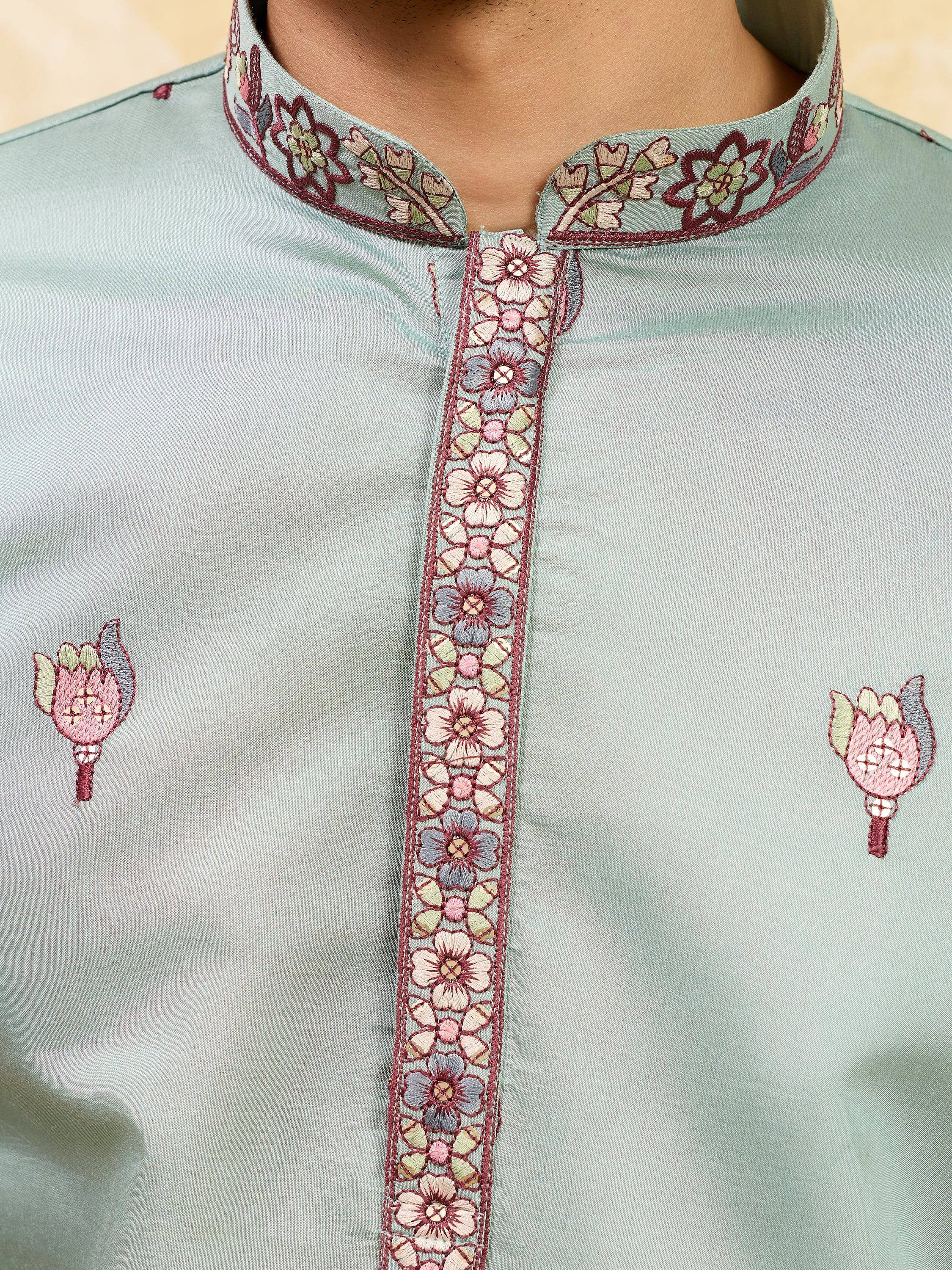 Precious Pista Green Thread Embroidered Silk Men's Kurta With Dupatta